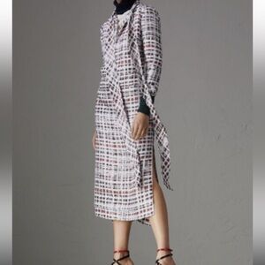 Burberry Long Sleeve Scribble Plaid Check Print Silk Dress